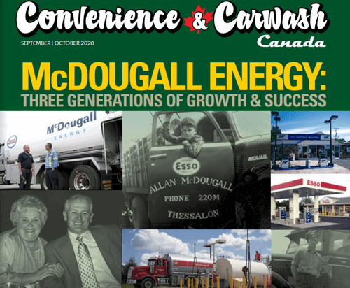 Shows poster of old photo of McDougall Energy history. Title reads Convenience & Carwash Canada and McDougall Energy: Three Generation of growth & Success