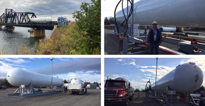 Shows a collage of 4 photos of large white fuel tank